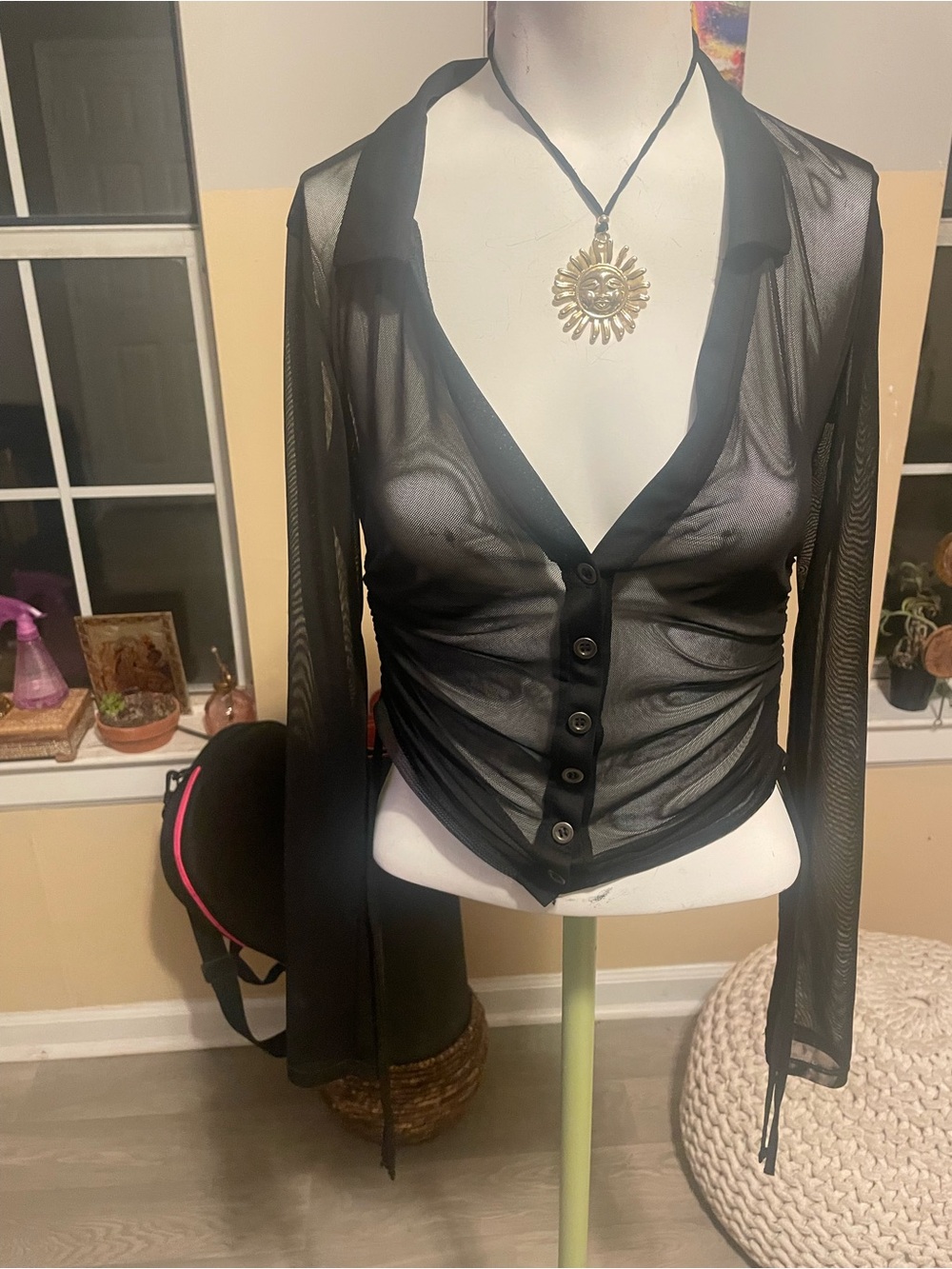Black Sheer Button-Front Long-Sleeve Blouse